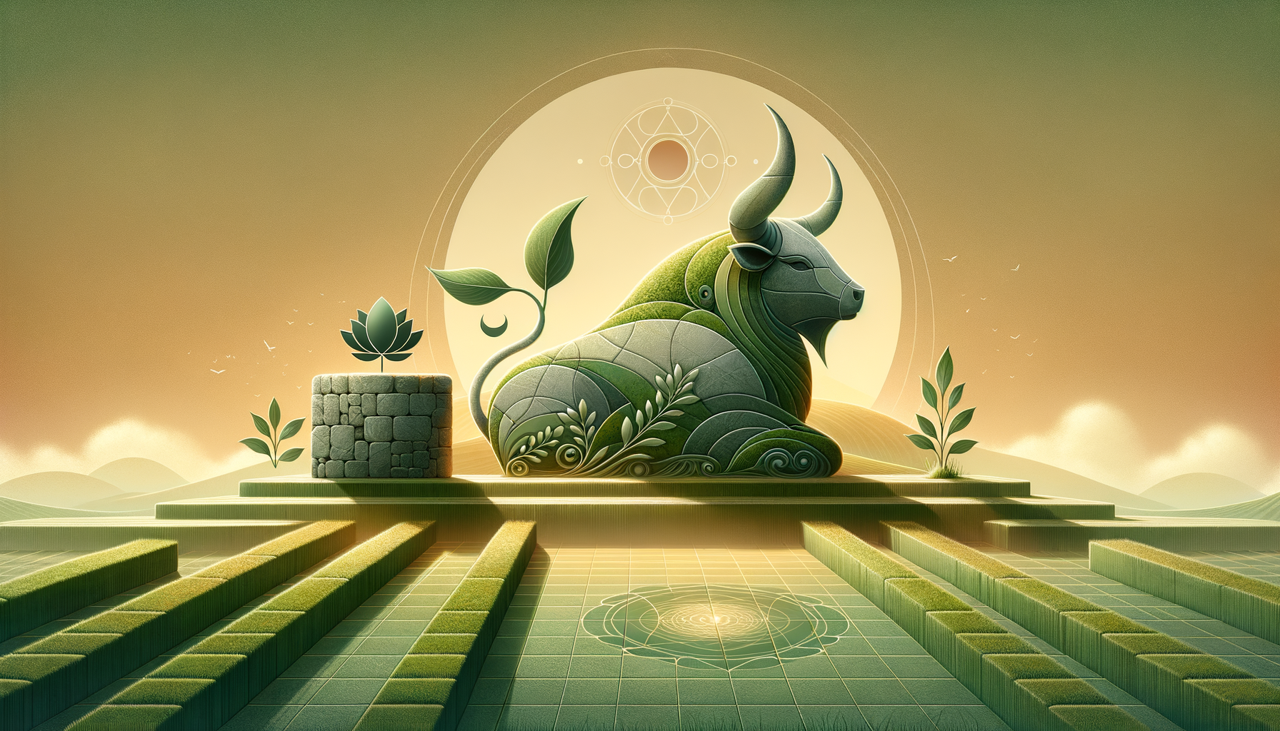 Illustration of a stone bull statue covered in leafy patterns on stepped terraces at sunrise, with lotus, young plants, and a rippling pool, symbolizing green finance, ESG investing, and regenerative growth.