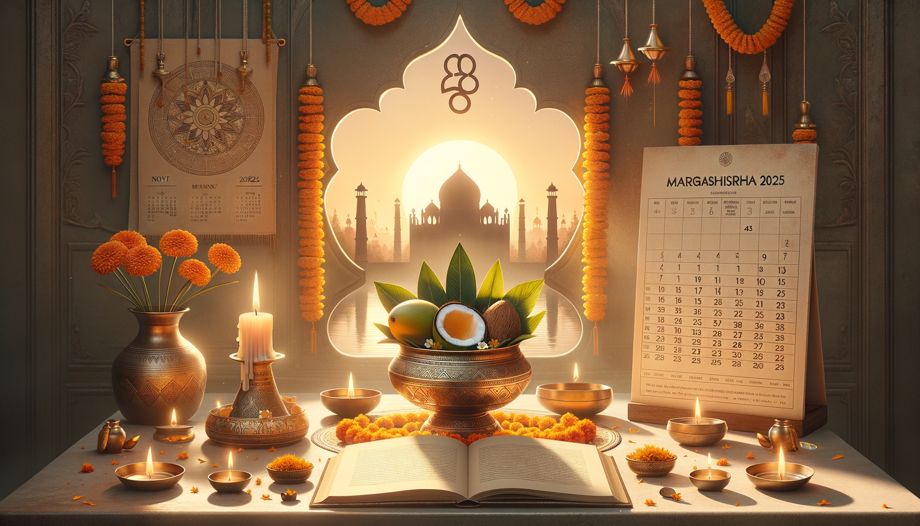 Festive Indian puja setup with marigold garlands, glowing diyas, copper vessels, fruit and coconut offering, an open scripture, and a Margashirsha 2025 calendar by an arched window framing the Taj Mahal silhouette.