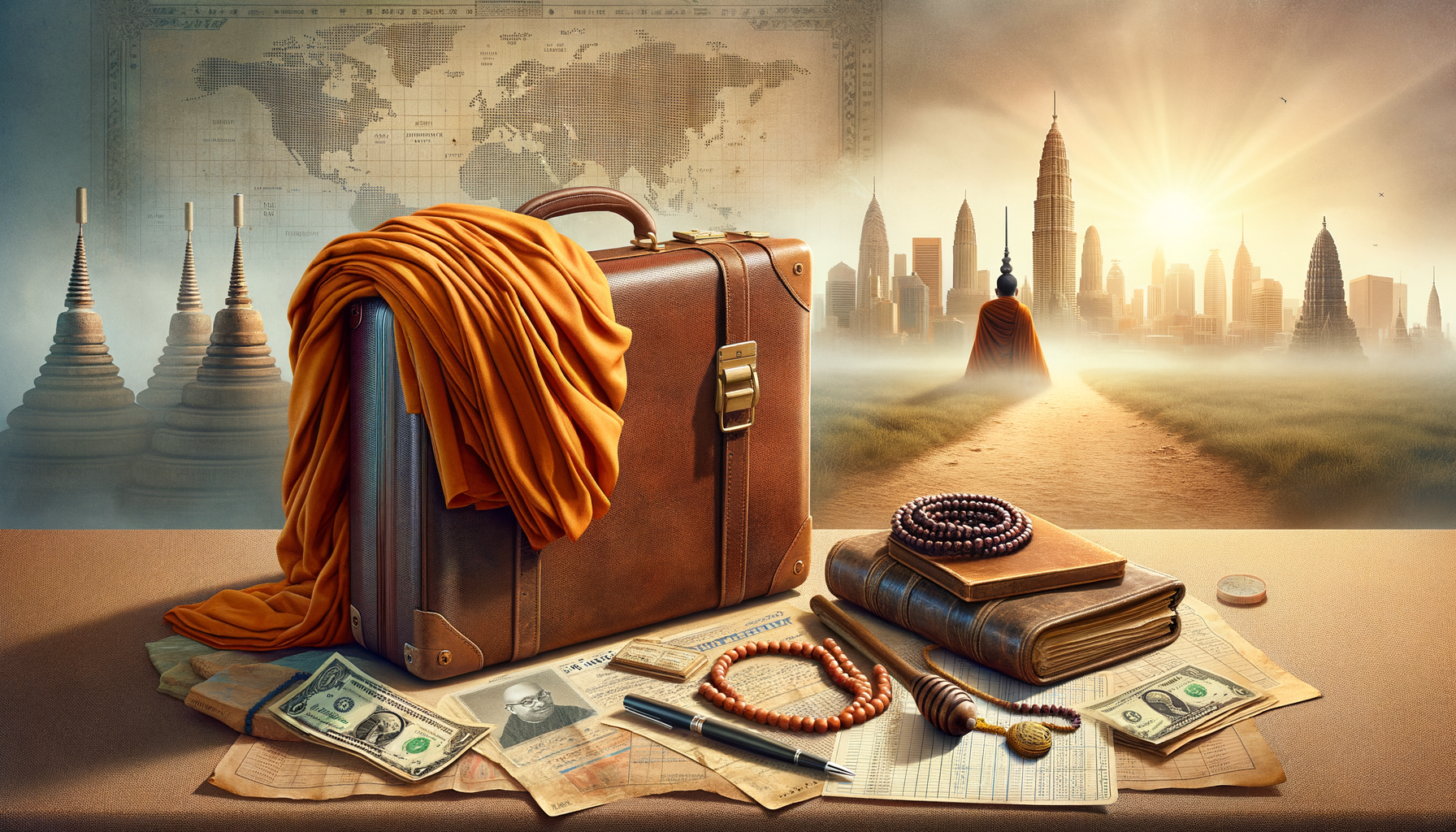 Vintage suitcase draped with a saffron robe beside prayer beads, cash, and travel papers, with temples and a modern skyline at sunrise—evoking mindful travel, budgeting, and spiritual travel.