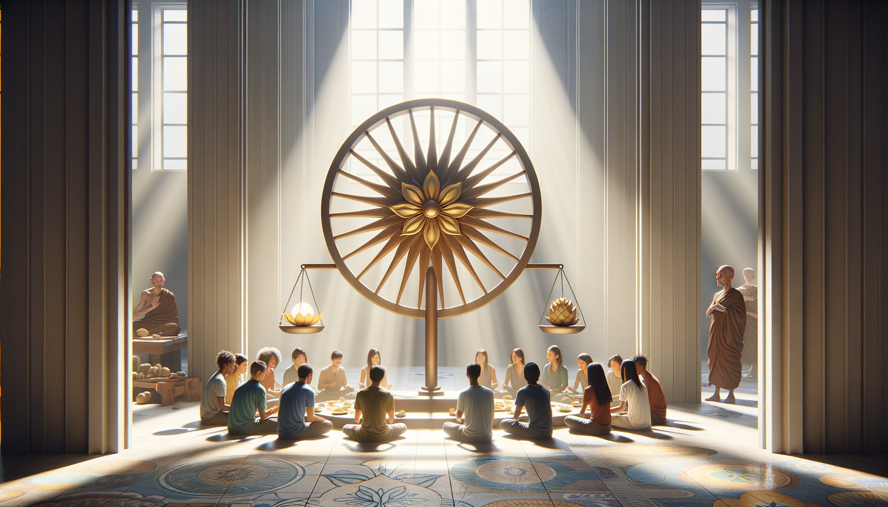 Sunlit hall with people seated in a circle beneath a large golden dharma wheel and lotus scales, guided by robed monks; a scene of balance, mindfulness, and community, {post.categories}