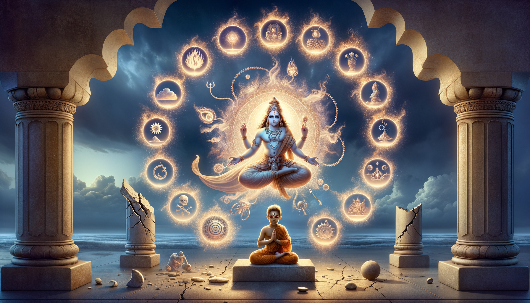 Under a stone arch by the sea, a child meditates as a luminous four-armed deity hovers above, ringed by glowing symbols—lotus, trident, wheel, sun, moon, and flame, amid cracked pillars.