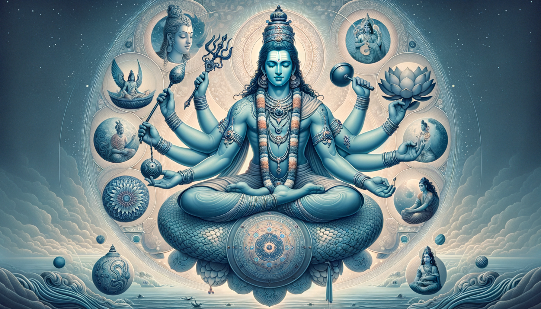 Detailed artwork of a calm, blue multi-armed Hindu deity seated in lotus on a coiled serpent, holding trident, drum, beads, and lotus, ringed by mandalas and celestial scenes above waves and clouds.