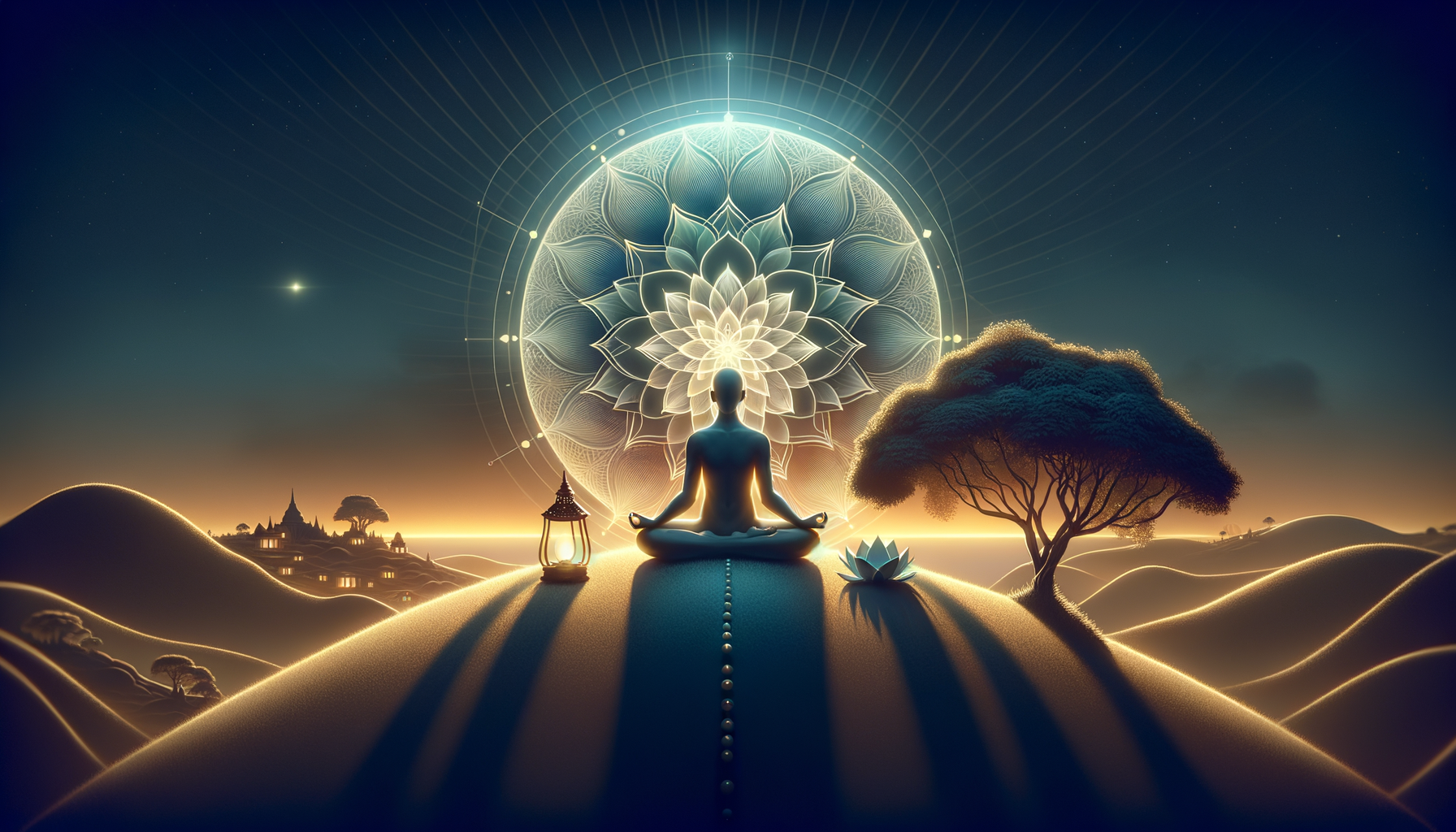 Silhouette meditating at dawn on rolling hills, a glowing mandala halo overhead, with lotus and lantern nearby, a lone tree and distant village under a starry sky, evoking mindful calm.