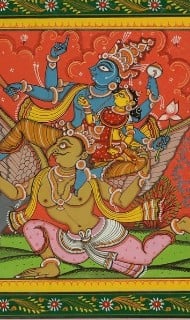 Traditional Indian painting shows a blue-skinned deity with a crowned consort riding a great bird in flight, hands raised in blessing against a red sky—evoking protection and refuge for a spiritual article.