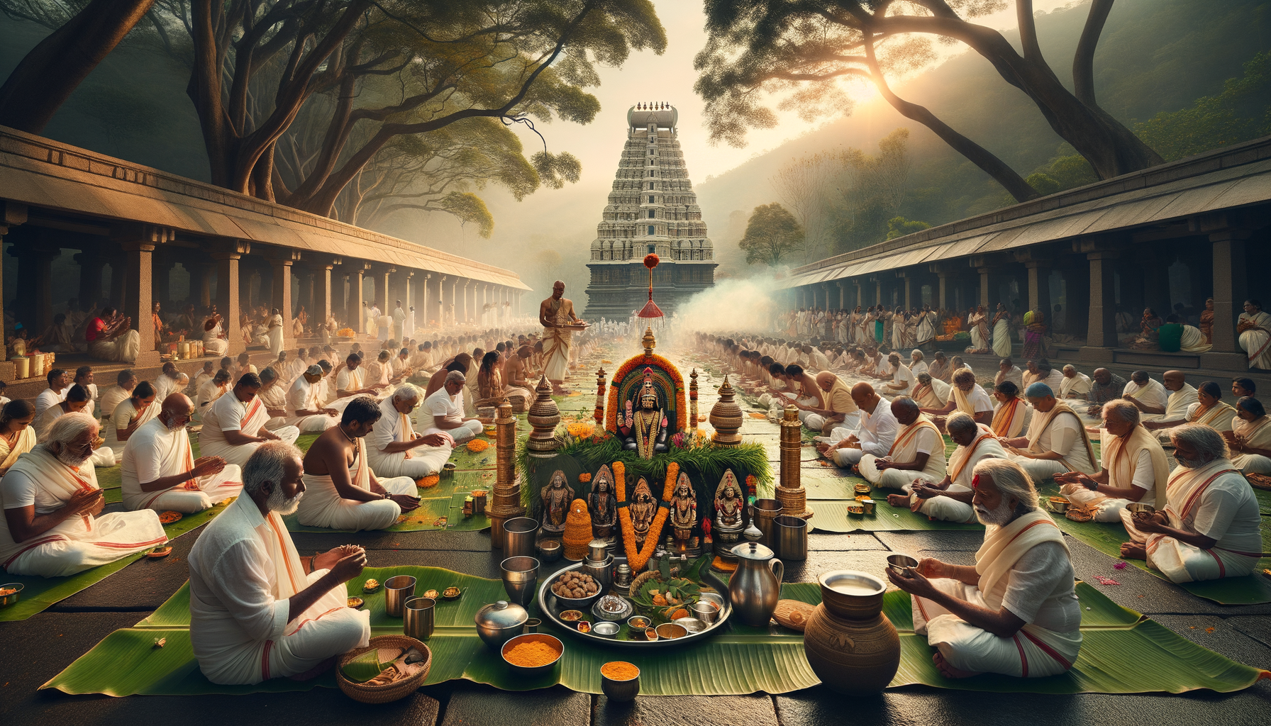 Rows of devotees in white sit on banana leaves for a temple feast and puja, centered on a flower-garlanded shrine; brass vessels and offerings lead toward a tall gopuram in warm morning light.