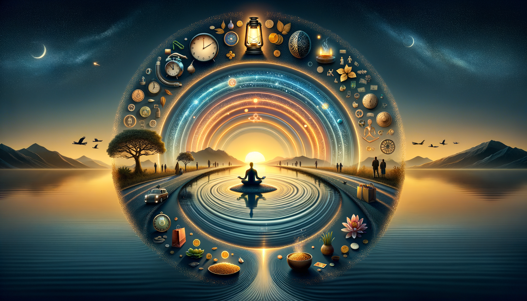 Surreal sunrise over a mirrored lake shows a lone figure meditating on a tiny island, encircled by luminous rings and icons—clocks, coins, lotus, tools—while roads, trees, and birds frame distant mountains.