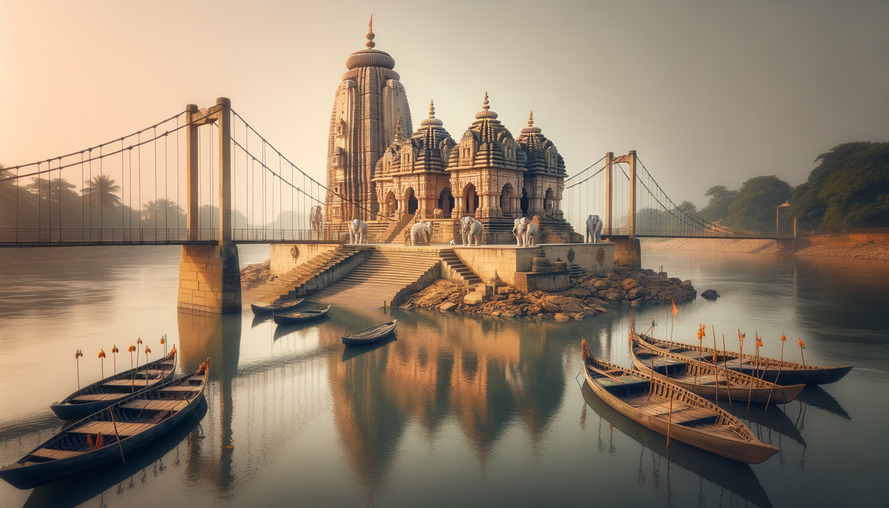 Sunrise view of an ornate riverside Hindu temple with tall shikhara, twin suspension bridges, stone elephant statues, and wooden boats with saffron flags reflected in calm, misty water.