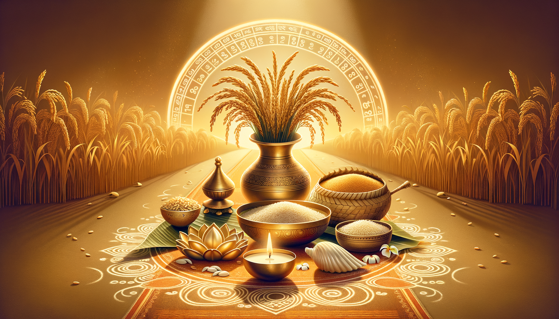 Golden harvest altar with paddy in a brass kalash, bowls of rice and millet, a lit diya, conch, and lotus on rangoli, framed by ripened fields and a zodiac-like arch, evoking Makar Sankranti and Pongal.