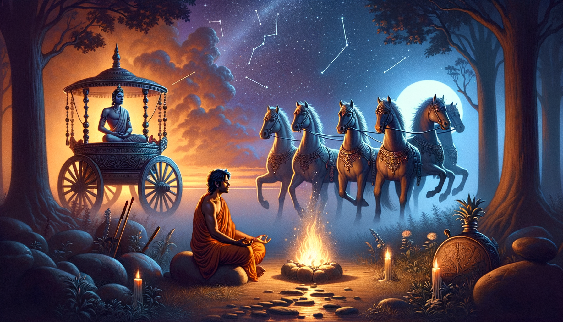 Mythic night forest: a robed meditator sits by a campfire as a serene figure rides an ornate chariot; four white horses move under constellations and a full moon, candles glowing.
