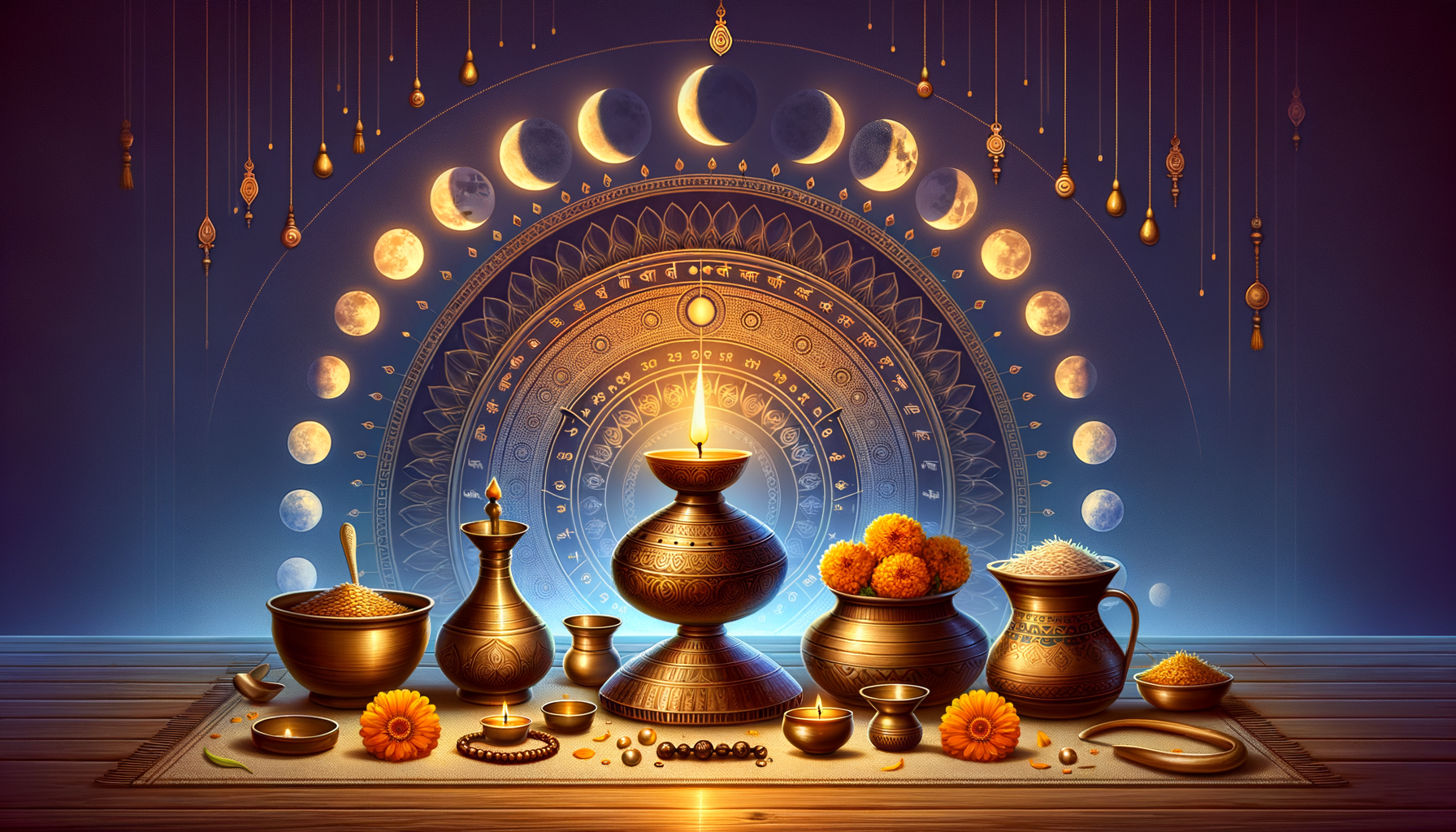 Brass diyas and ritual vessels on a Hindu puja altar with marigolds and rice, set before a mandala-style Panchang calendar and an arc of glowing lunar phases on a deep blue background.