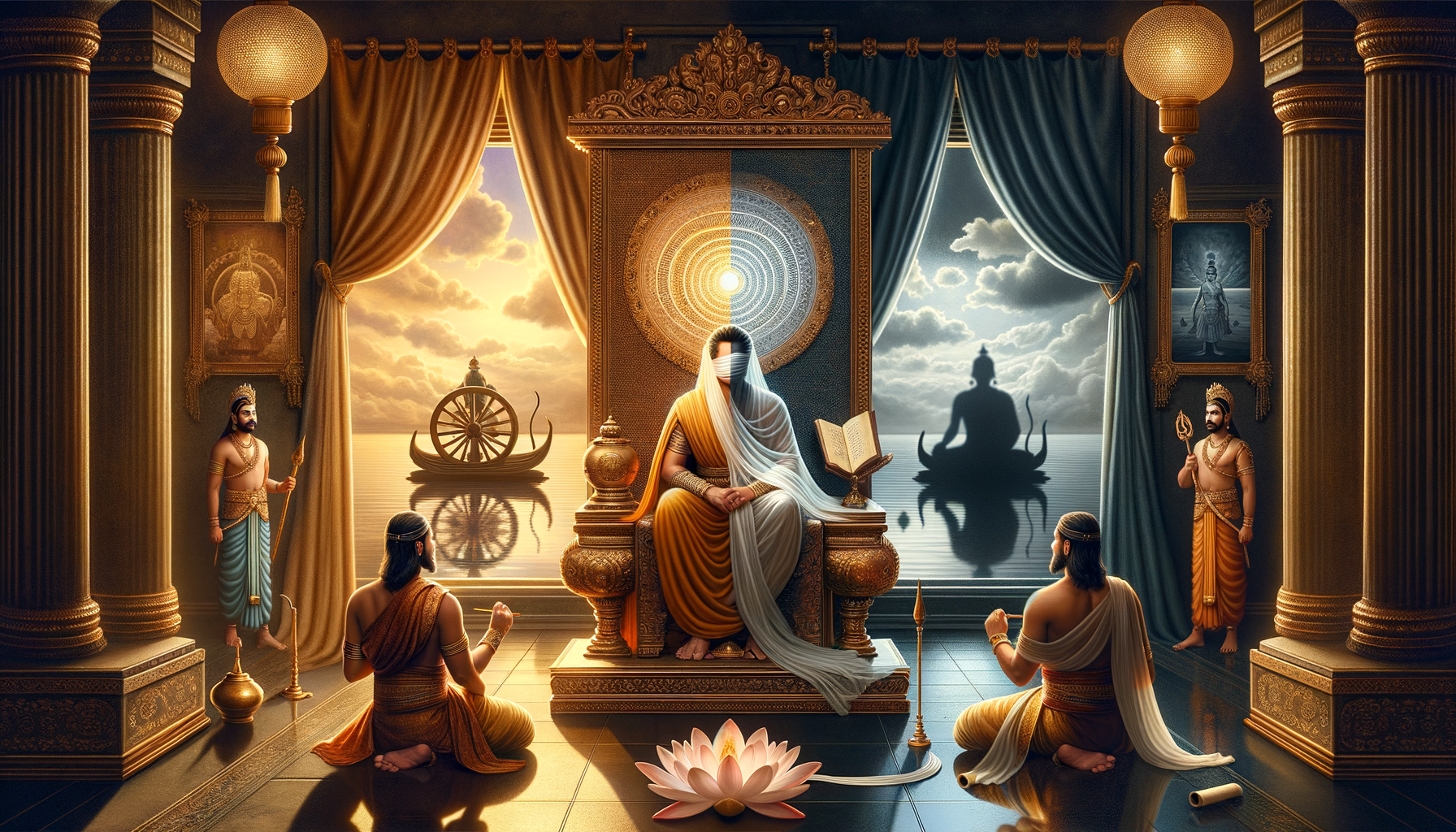Ornate temple hall: a veiled figure on a golden throne between sunlit and moonlit curtains, haloed by a mandala, with an open book, glowing lotus lamp, kneeling students, tall columns, a wheel, and a meditating silhouette.