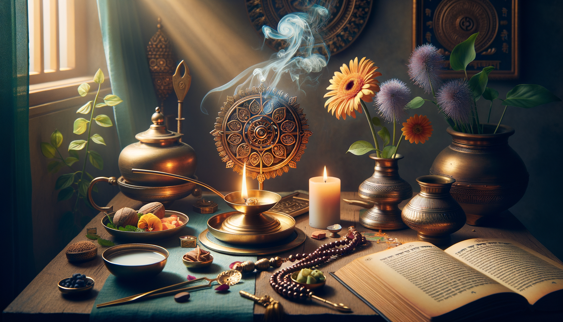 Sunlit home altar with brass oil lamp and incense wheel, curling smoke, candles, open scripture, prayer beads, flowers in copper vases, and bowls of milk, nuts, and herbs on a teal cloth.