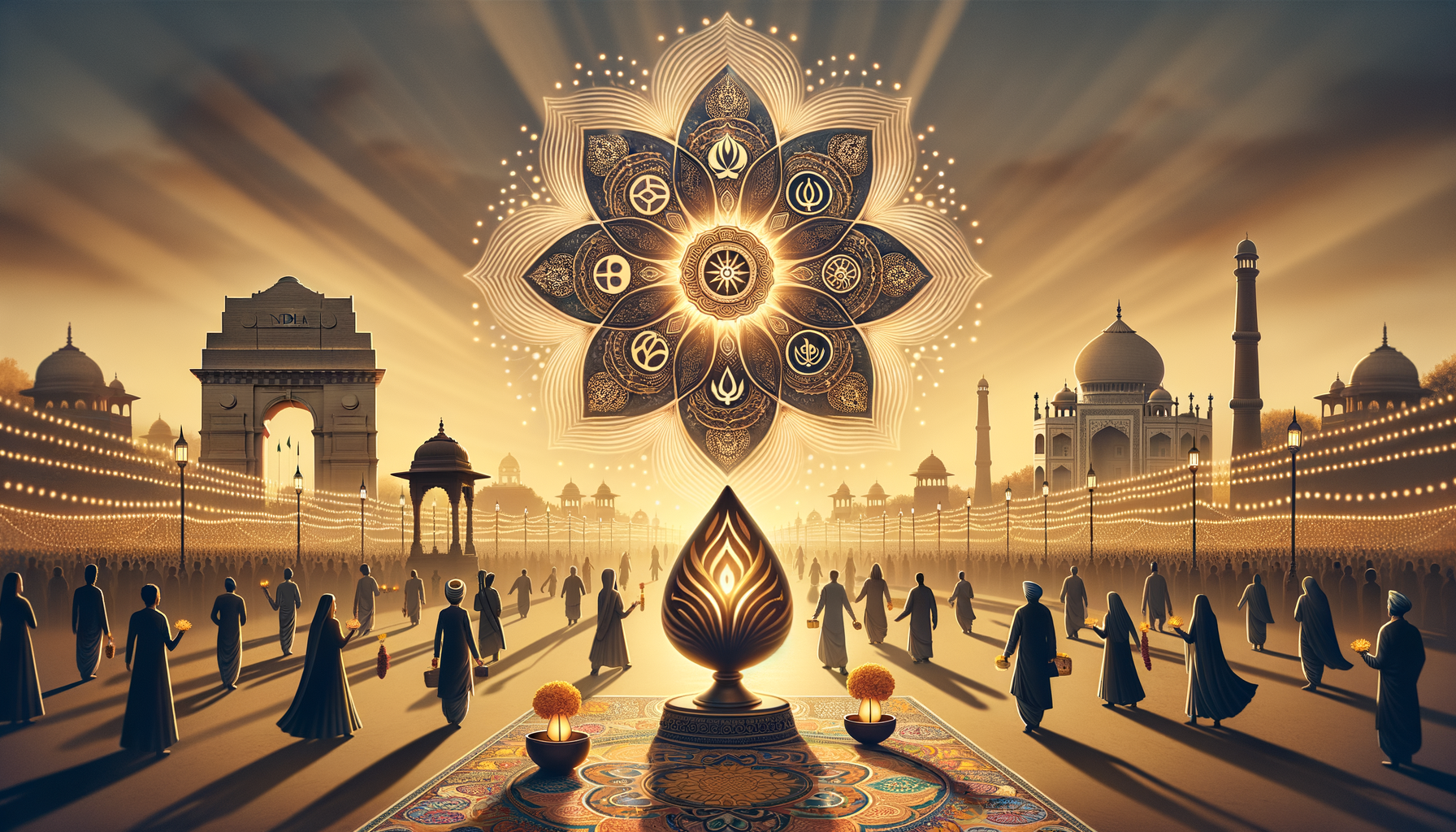 Illustrated Diwali scene with a glowing oil lamp before an ornate lotus mandala, strings of festival lights, and robed silhouettes amid iconic Indian landmarks including India Gate and the Taj Mahal.
