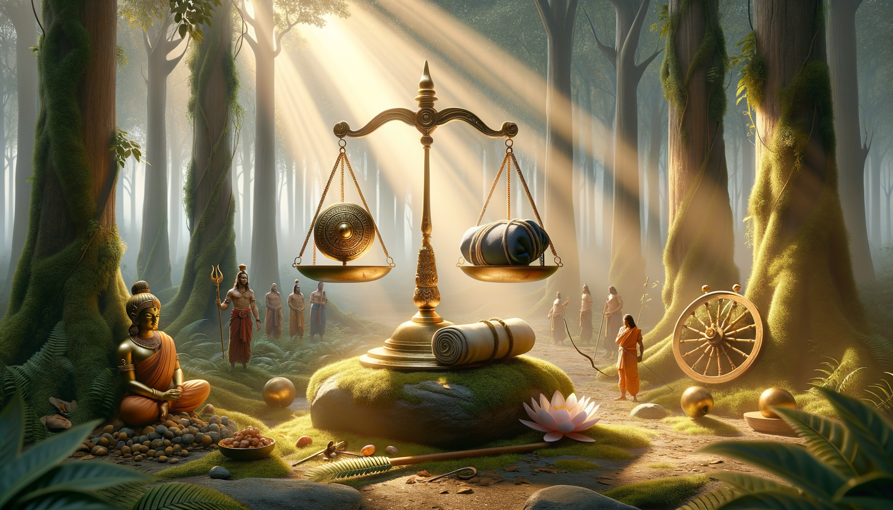 Golden balance scale in a misty forest lit by sunbeams, flanked by a Buddha statue, lotus flower, dharma wheel, scrolls, and monks in saffron robes—symbolizing dharma, karma, mindfulness, and ethical balance.