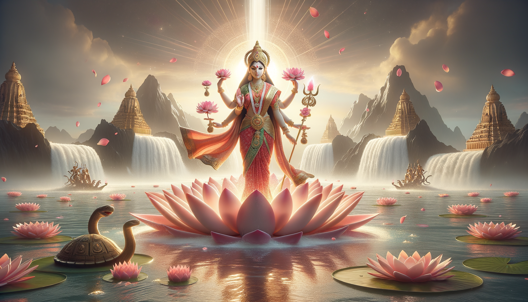 Mythic scene of a multi-armed Hindu goddess rising from a glowing lotus on calm water, framed by waterfalls and golden temples, holding lotus blooms and a trident beneath radiant light.