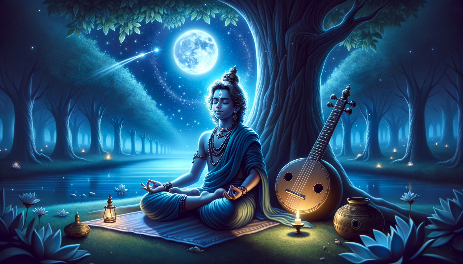 Moonlit forest scene of a serene yogi meditating by a riverside beneath a full moon, with lotus blooms, veena, and oil lamps; tranquil spiritual art evoking meditation, yoga, mindfulness, {post.categories}.