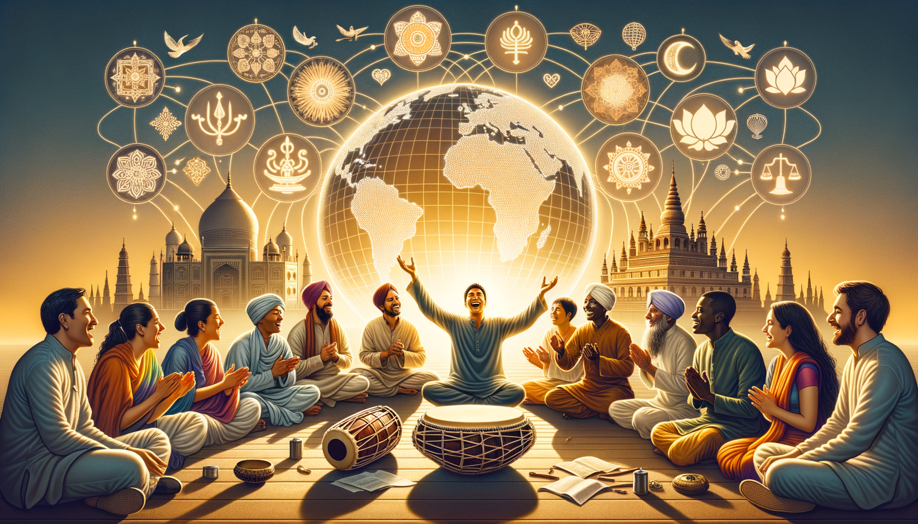 Illustration of a diverse circle of people clapping around hand drums beneath a glowing globe, with landmarks and interfaith symbols overhead, celebrating cultural diversity, community, and spiritual unity.