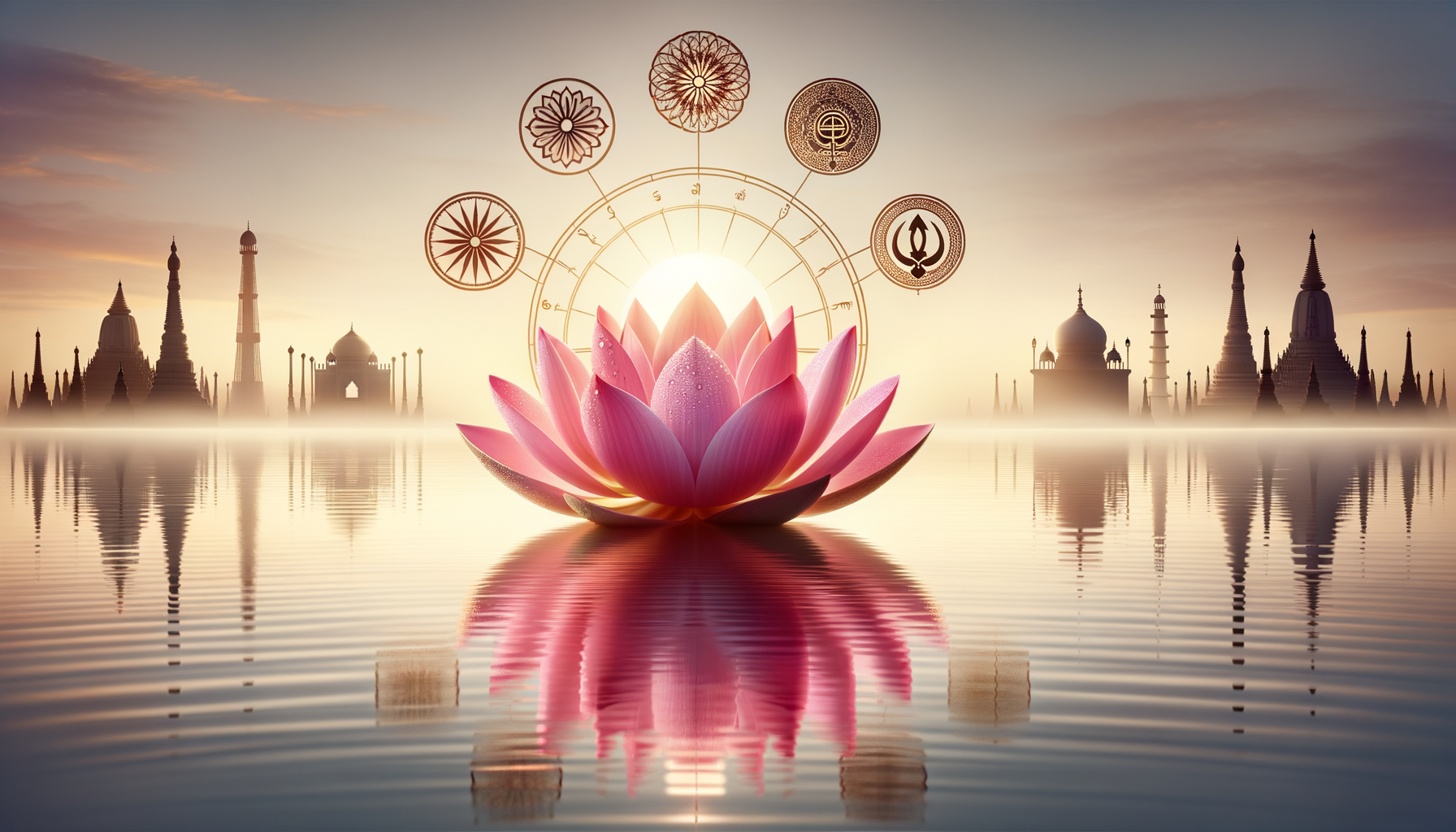 Sunrise over a calm lake with a large pink lotus, dewdrops on its petals and a clear reflection; above, sacred symbols arc across the sky; distant silhouettes of diverse Indian temples fade in mist.