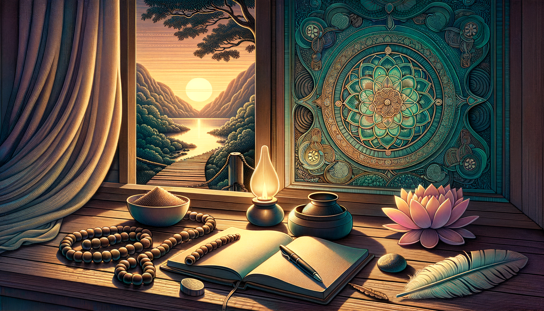 Sunlit writing nook with open journal, pen, prayer beads, oil lamp, lotus, feather, and ink pot on a wood desk by a window; river valley sunset and a carved teal mandala suggest calm {post.categories}.