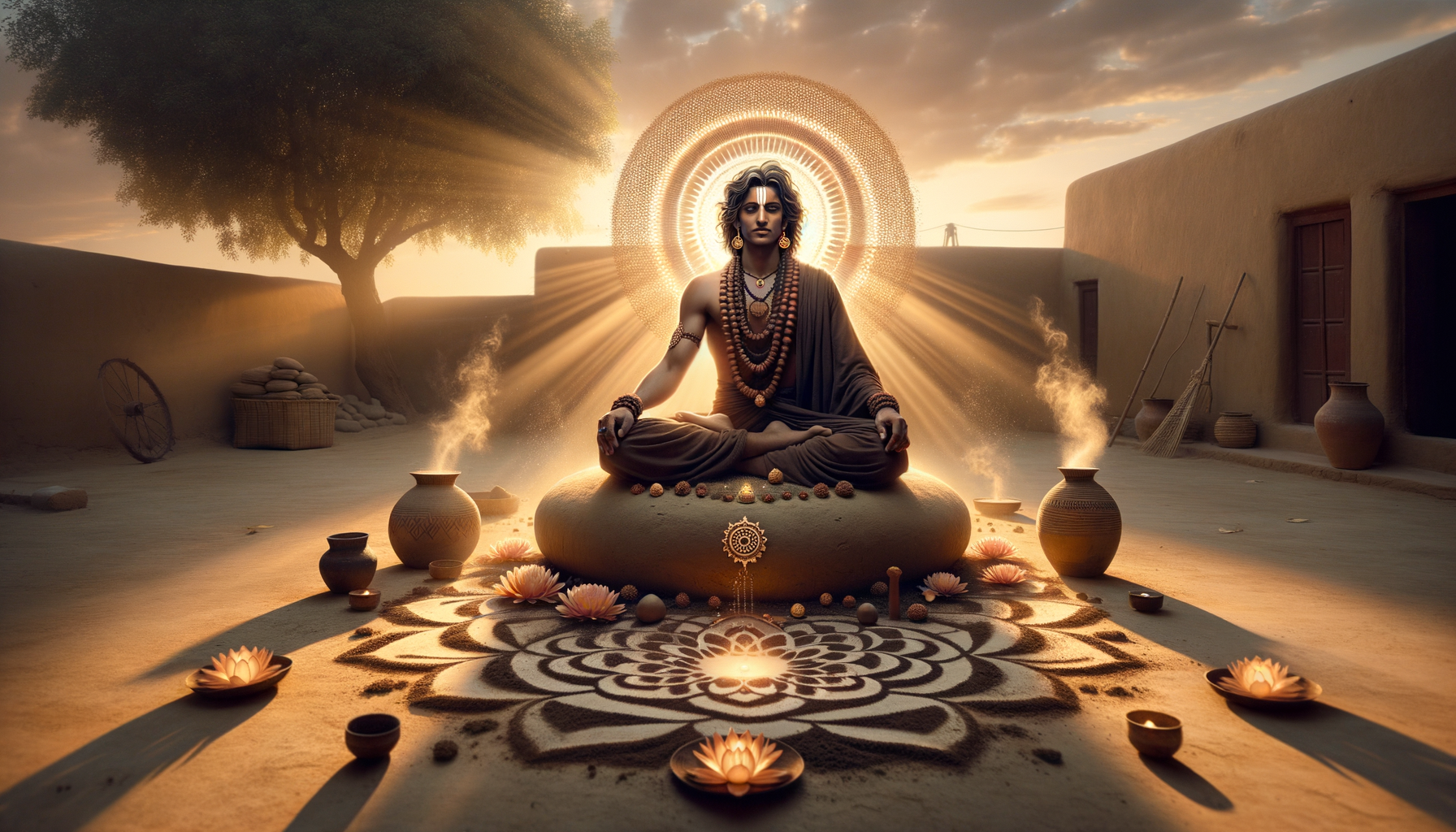 Sunlit village courtyard showing a serene person meditating on a stone seat, haloed by radiant light. Lotus lamps, incense, clay pots, and a detailed sand mandala surround them, evoking yoga, mindfulness, and spirituality.