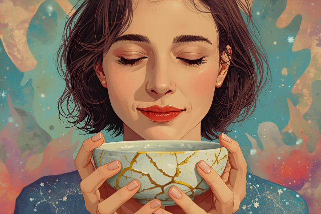 Illustrated woman with closed eyes holds a kintsugi bowl, gold seams shining against a soft starry backdrop, symbolizing self-compassion, kindness, wisdom, and letting go of perfection to honor Mistakes.