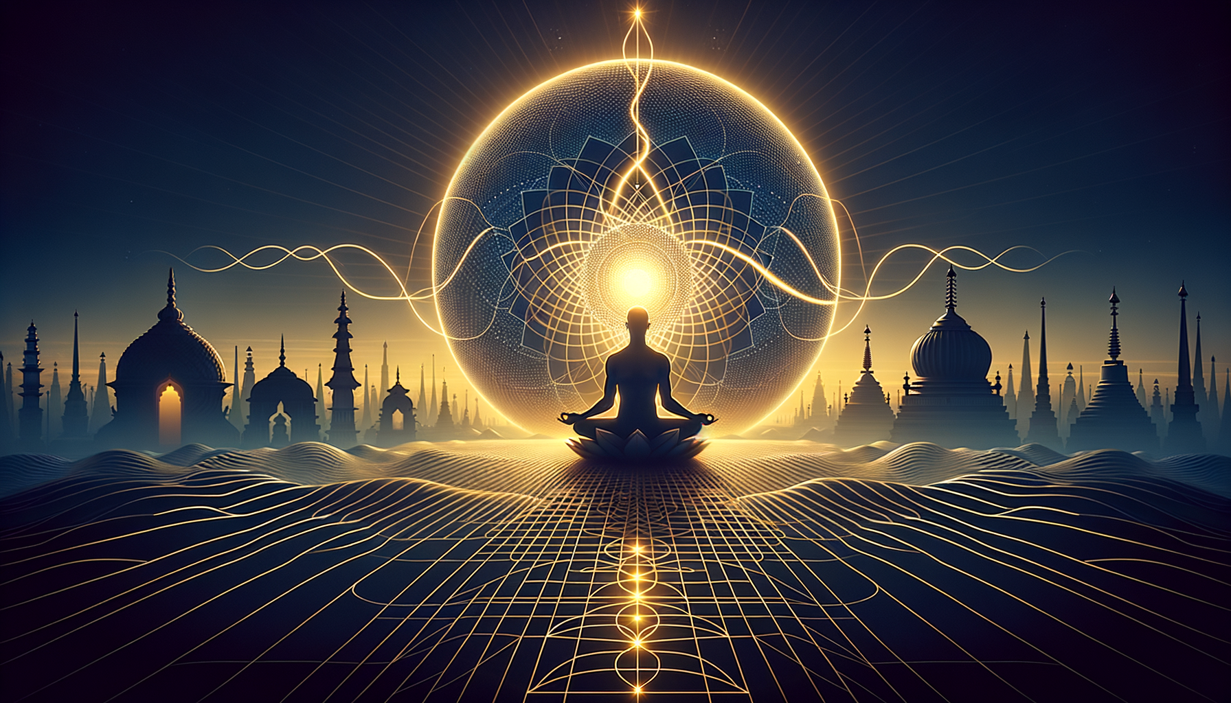 Silhouette in lotus pose under a radiant mandala sphere, with golden energy lines across rippled terrain and a skyline of domes at dusk; meditation, mindfulness, spirituality, yoga.