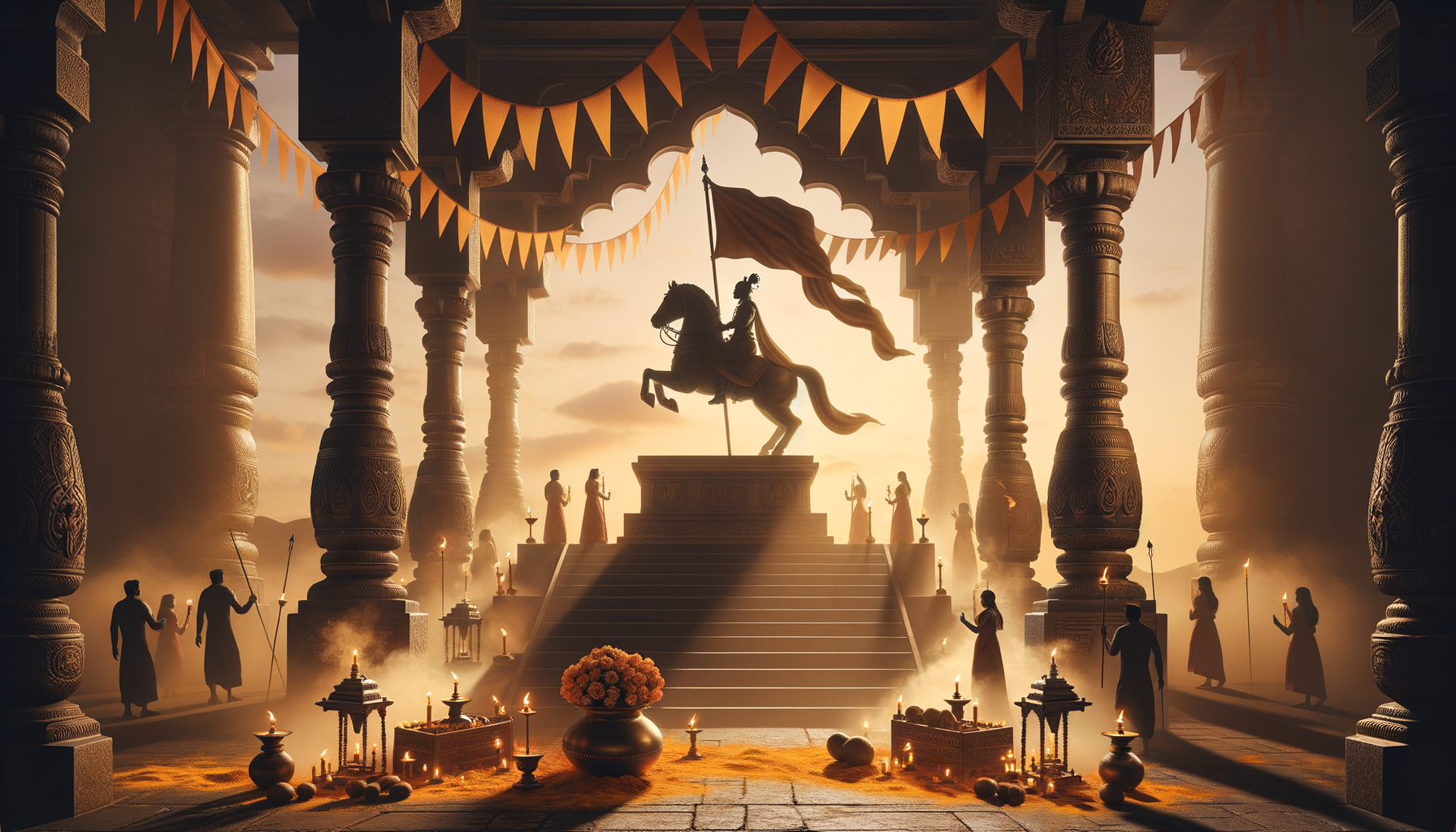 Equestrian statue of a warrior holding a flag in a temple pavilion at sunset, with carved pillars, diyas, marigold flowers, and devotees performing rituals amid warm golden light.