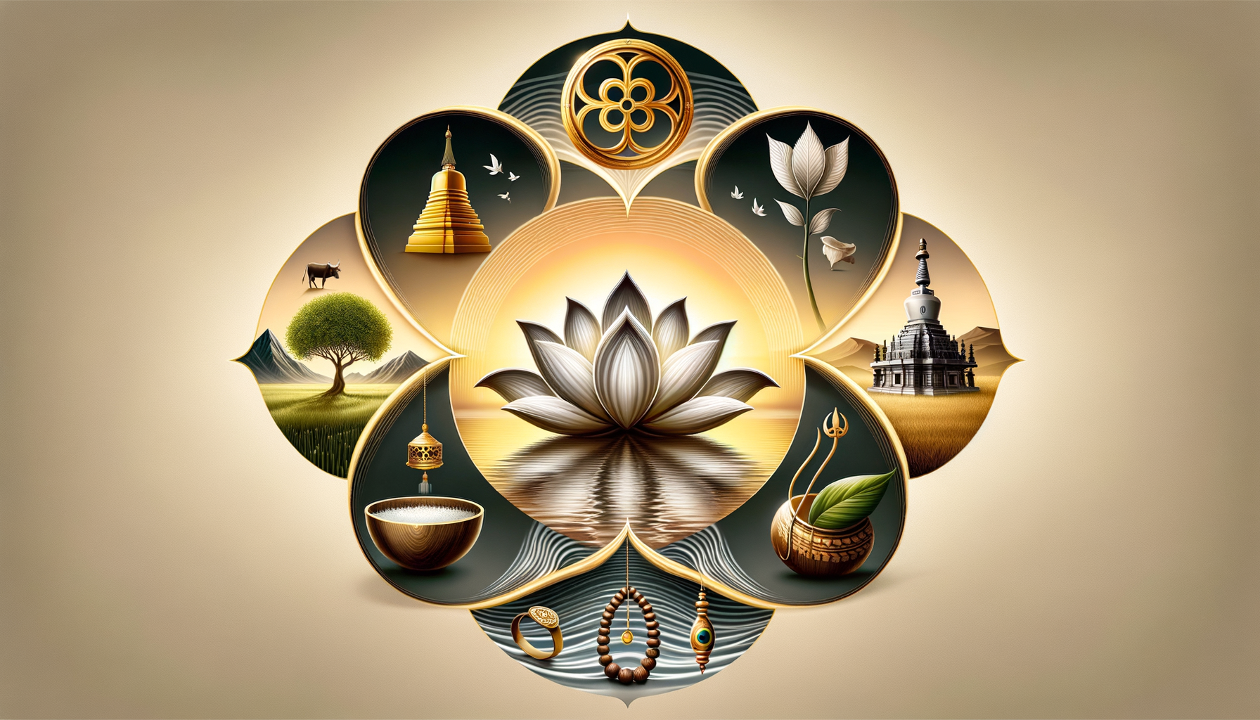 Mandala with a central lotus over water at sunrise, surrounded by stupas, a prayer bowl, mala beads, a tree, birds, and ritual symbols—evoking mindfulness and {post.categories}.