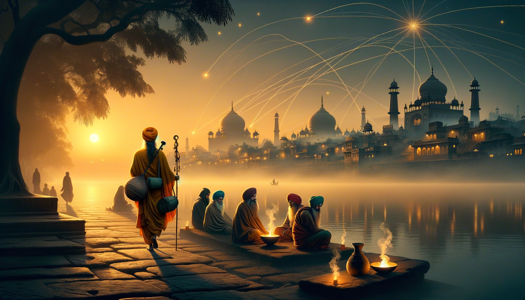 Misty dawn on a river in India: robed sadhus sit by small fires and lamps as a lone pilgrim walks past; across the water, domed palaces glow under arcing lights; travel culture spirituality.