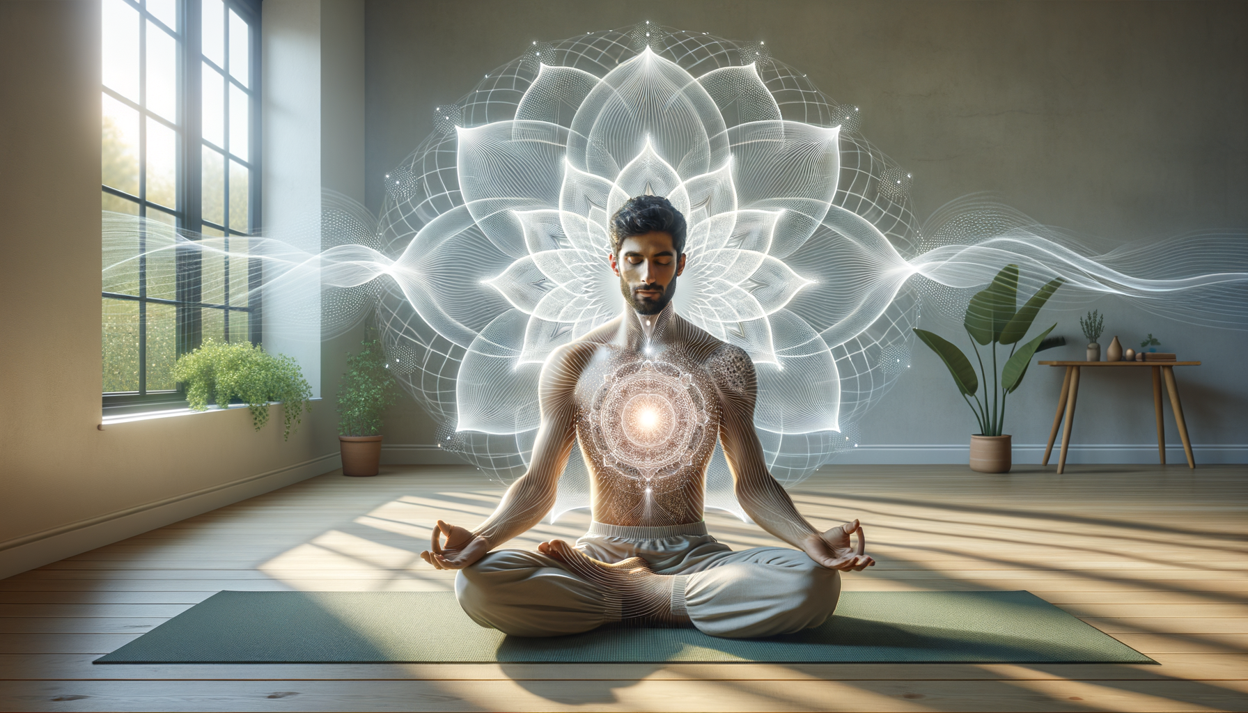 Person meditating cross-legged on a yoga mat in a sunlit home studio, eyes closed, with a luminous mandala and heart-centered light overlay symbolizing breath, energy flow, mindfulness, and yoga wellness.