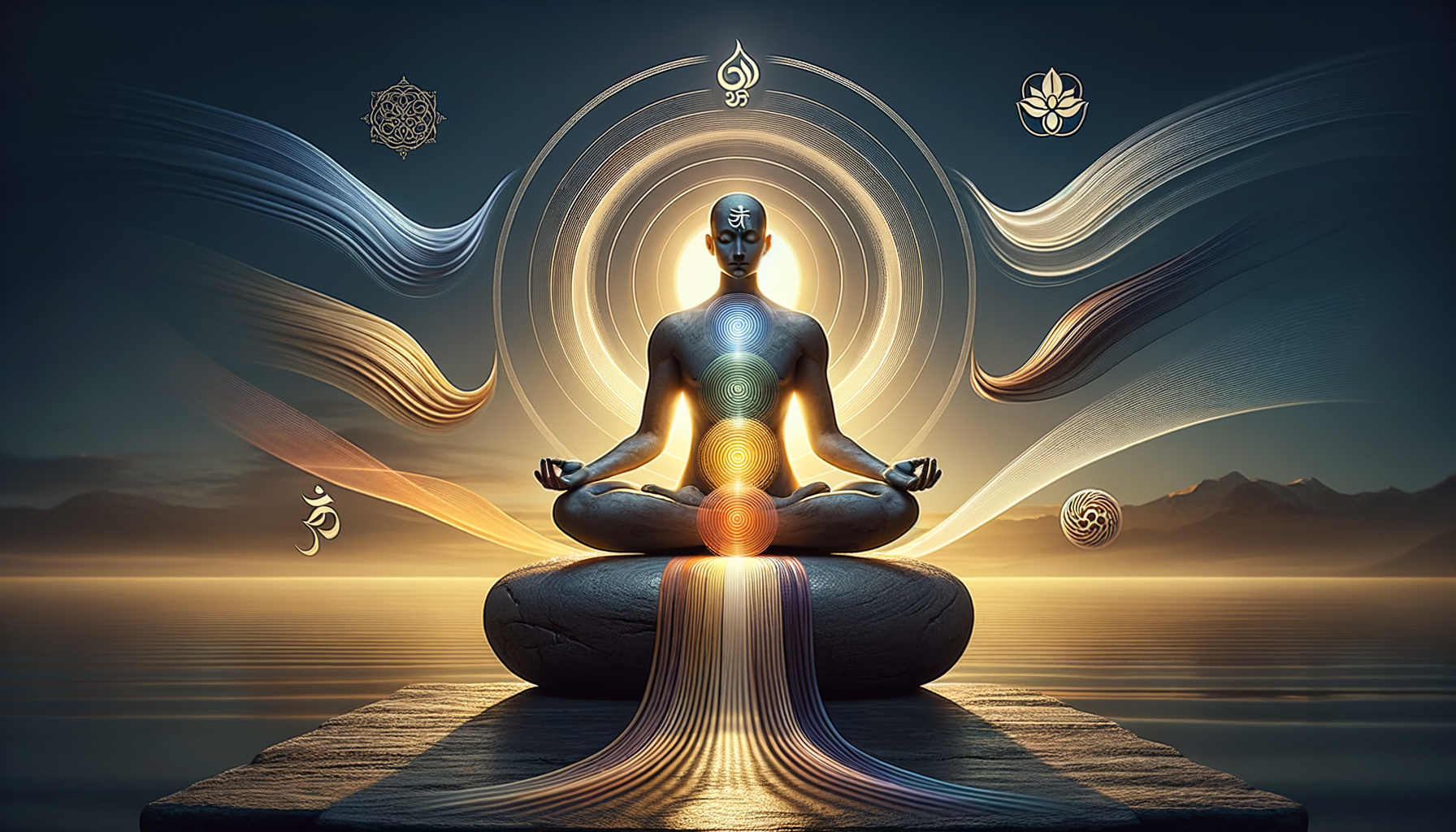 Digital artwork of a meditating figure in lotus at sunrise, seven glowing chakras aligned on the spine, with concentric light rings and flowing energy over calm water and distant mountains.