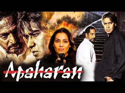 Promotional poster for the Hindi crime drama “Apaharan,” with intense character close-ups, a handgun, flames, and bold title text, evoking Bihar’s kidnapping nexus and the jungle raj era of lawlessness.