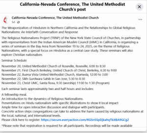 Screenshot of a Facebook post by the California-Nevada Conference, United Methodist Church, announcing seminars on global religious nationalism with a Hindutva case study, listing dates, locations, partners, and an RSVP link.