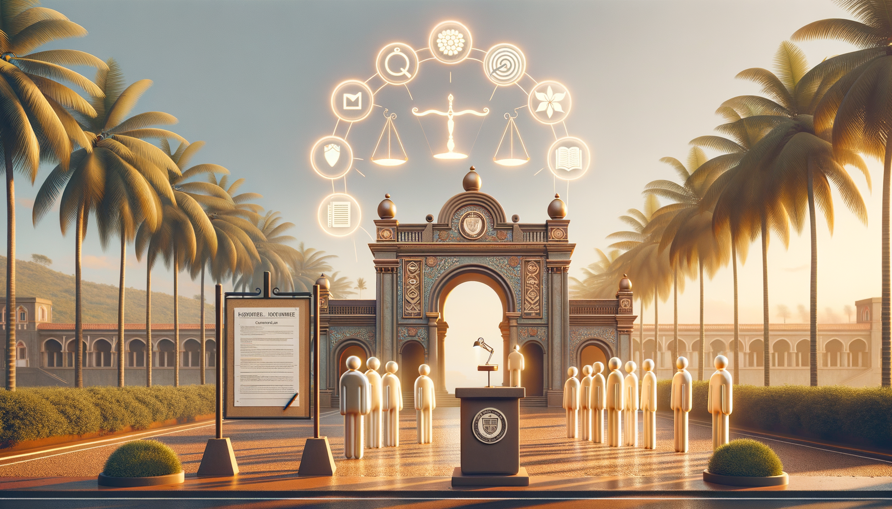 Sunlit campus gate with a podium and gathered attendees beneath glowing icons of scales, book, shield, and documents; a noticeboard shows posted rules, signaling a public law or campus policy announcement.