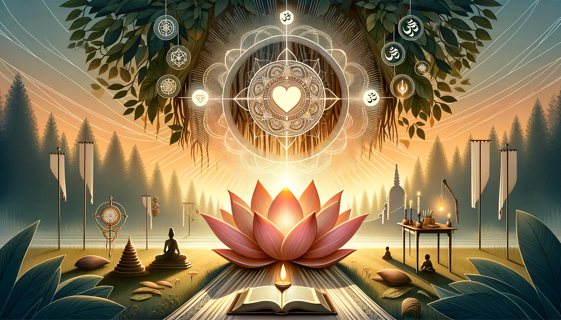 Sunlit lotus blossom before an open book and oil lamp, beneath a radiant heart-chakra mandala and sacred geometry, set in a pine forest with prayer flags and statues for meditation, yoga, and mindfulness.