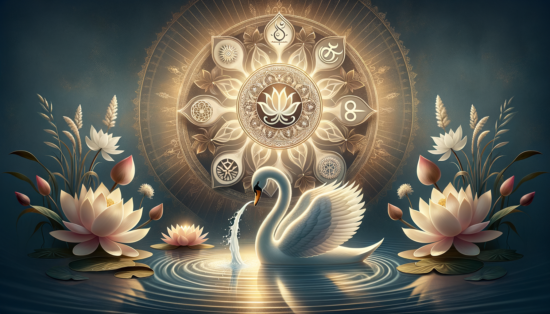White swan rippling a calm pond beneath a glowing lotus mandala, surrounded by blooming lotus flowers, lily pads, and reeds in warm gold and teal tones, sacred geometry detail.