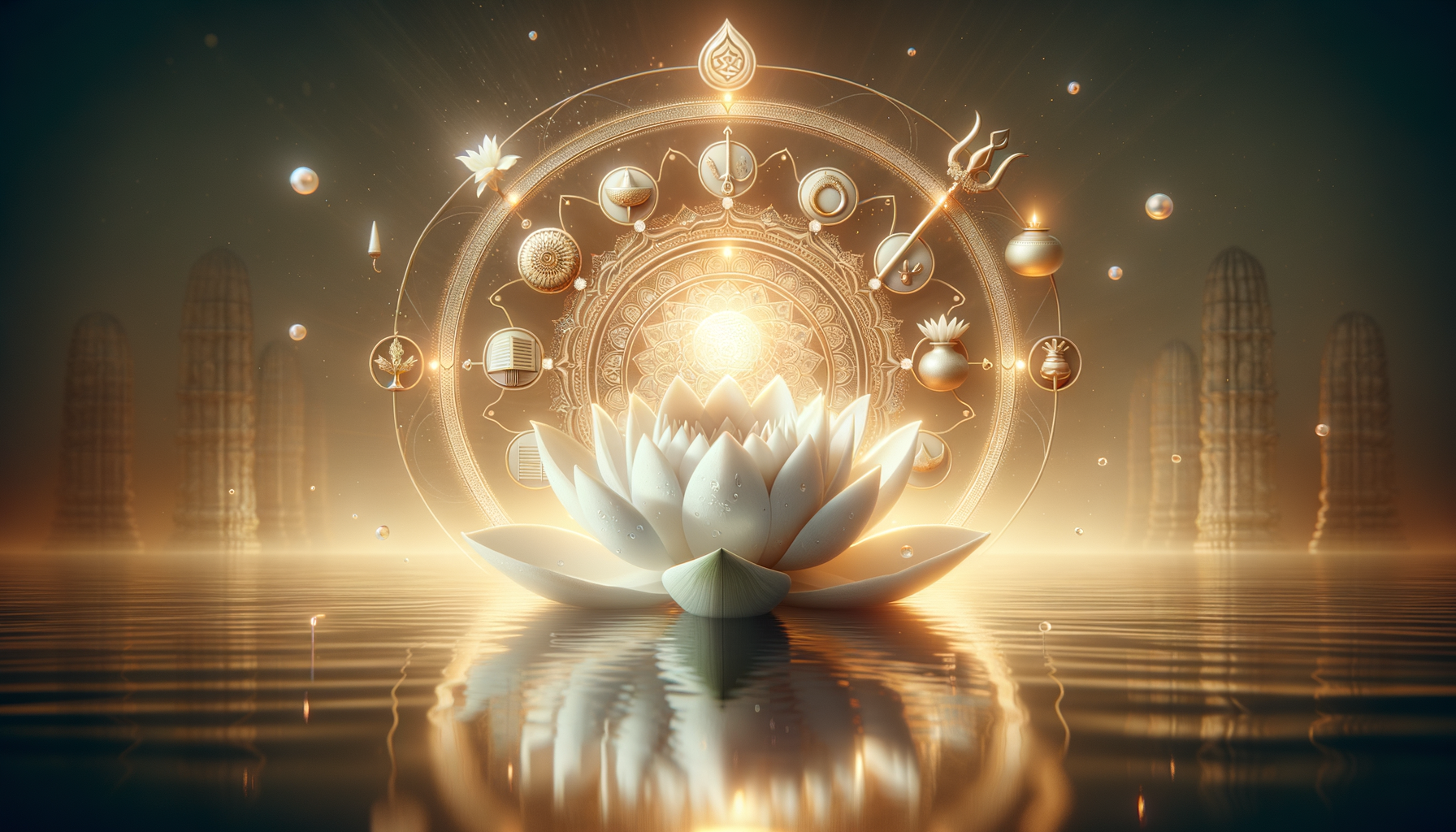 White lotus floating on calm water before a glowing mandala with concentric patterns and sacred symbols in warm golden light, evoking spirituality, meditation, yoga, mindfulness, and sacred geometry.