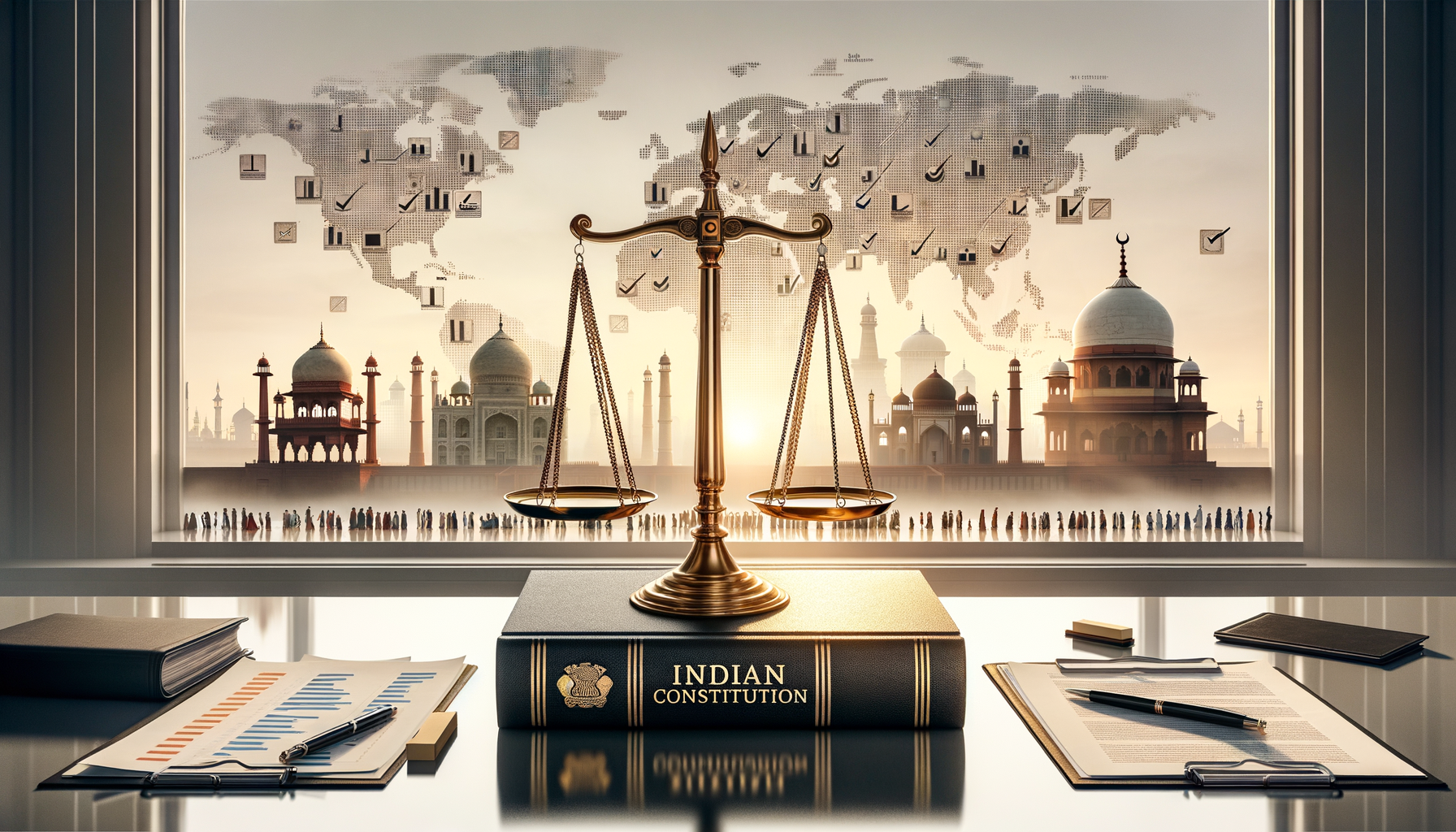 Scales of justice atop an Indian Constitution book on a desk, with charts, pens, and a world map behind Indian monuments, symbolizing law, governance, public policy, democracy, and civic data.