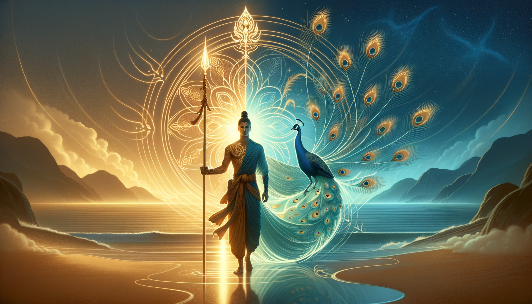 Mythic artwork of a robed warrior deity holding a spear beside a radiant peacock on a shoreline; golden and teal mandala light forms a halo, uniting day and night and evoking spirituality, Hindu art, and {post.categories}.