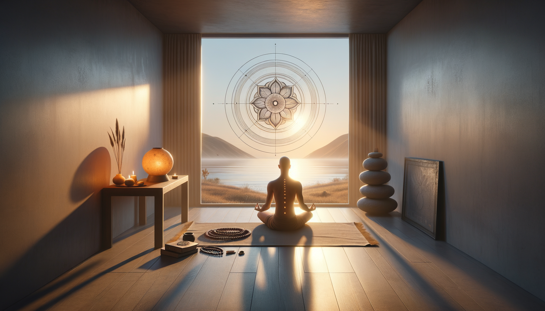 Sunrise fills a minimalist meditation room where a person sits cross-legged facing a lake and hills. A mandala on the window, candles, a warm globe lamp, mala beads, and stacked stones set a calm, wellness-focused mood.