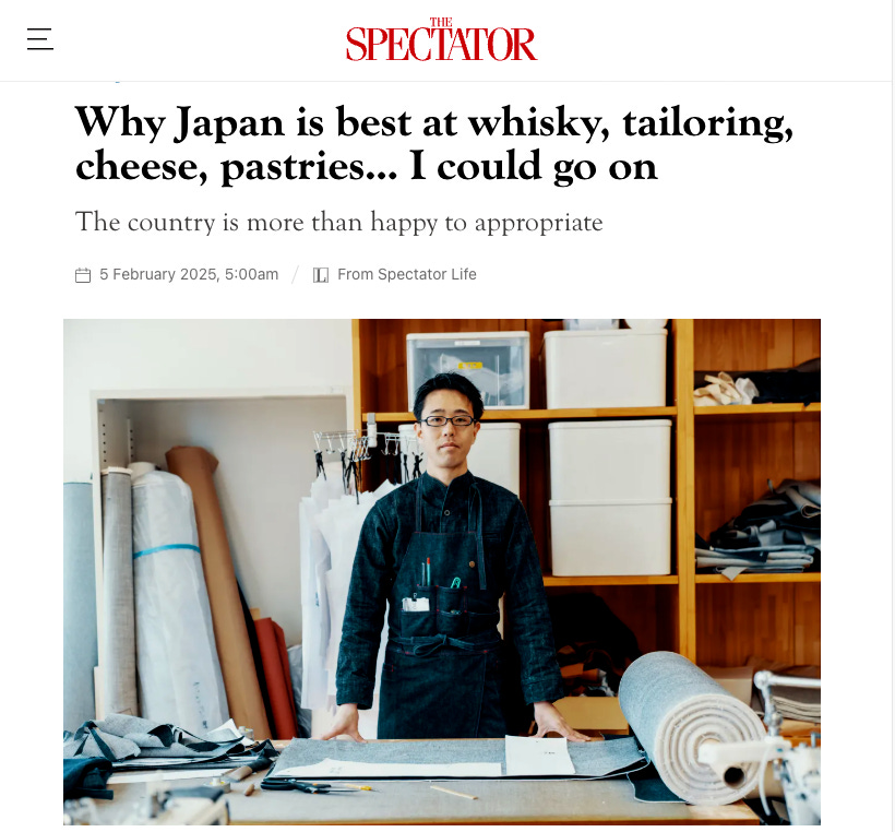 Webpage screenshot titled 'Why Japan is best at whisky, tailoring, cheese, pastries', above a photo of a tailor in a fabric workshop, symbolizing Japanese craftsmanship and quality manufacturing.