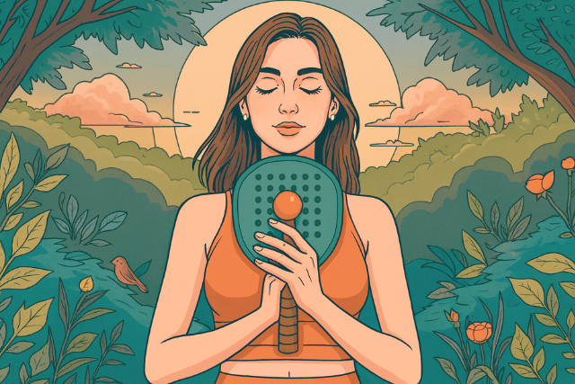 Illustrated woman in a leafy garden at sunrise, eyes closed in meditation, holding a green paddle ball paddle with an orange rubber ball to her chest, evoking balance, mindful focus, and a calm center.