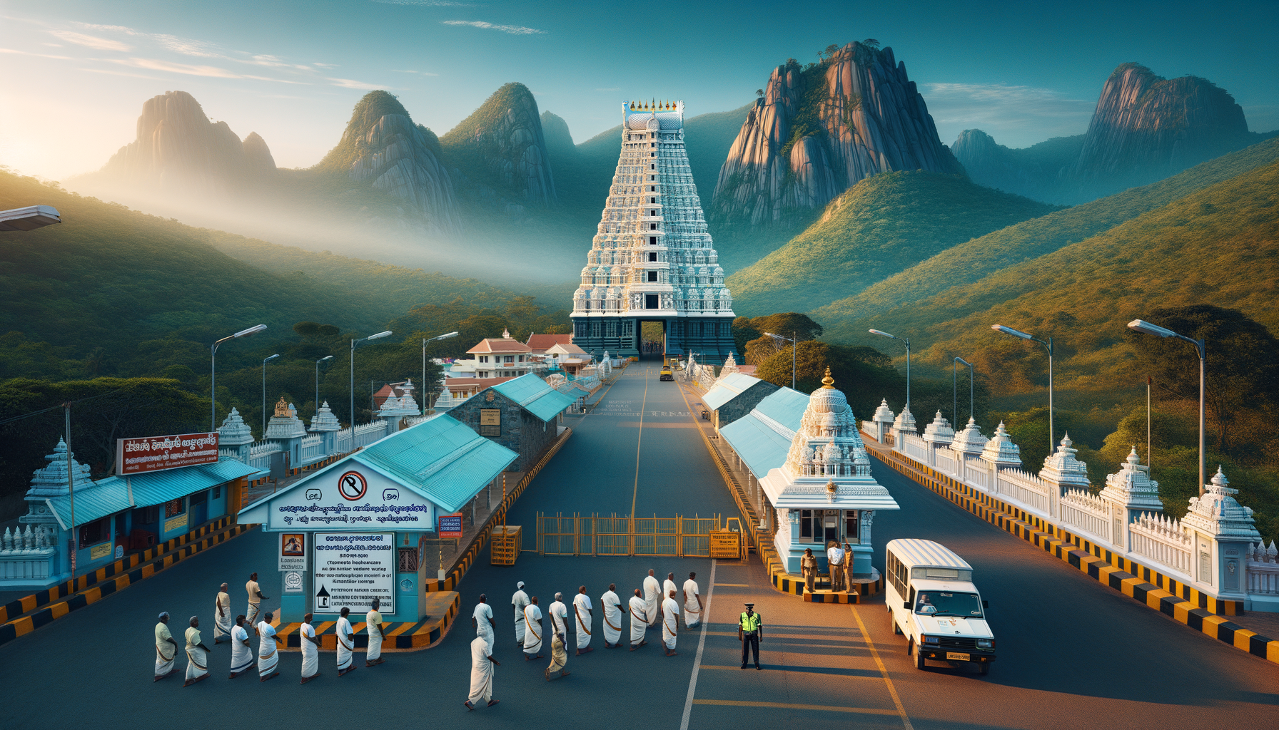 Pilgrims in white walk toward a towering Dravidian-style gopuram at a hill temple in Andhra Pradesh, passing a checkpoint with guards and Telugu signs, framed by misty, forested mountains at dawn.