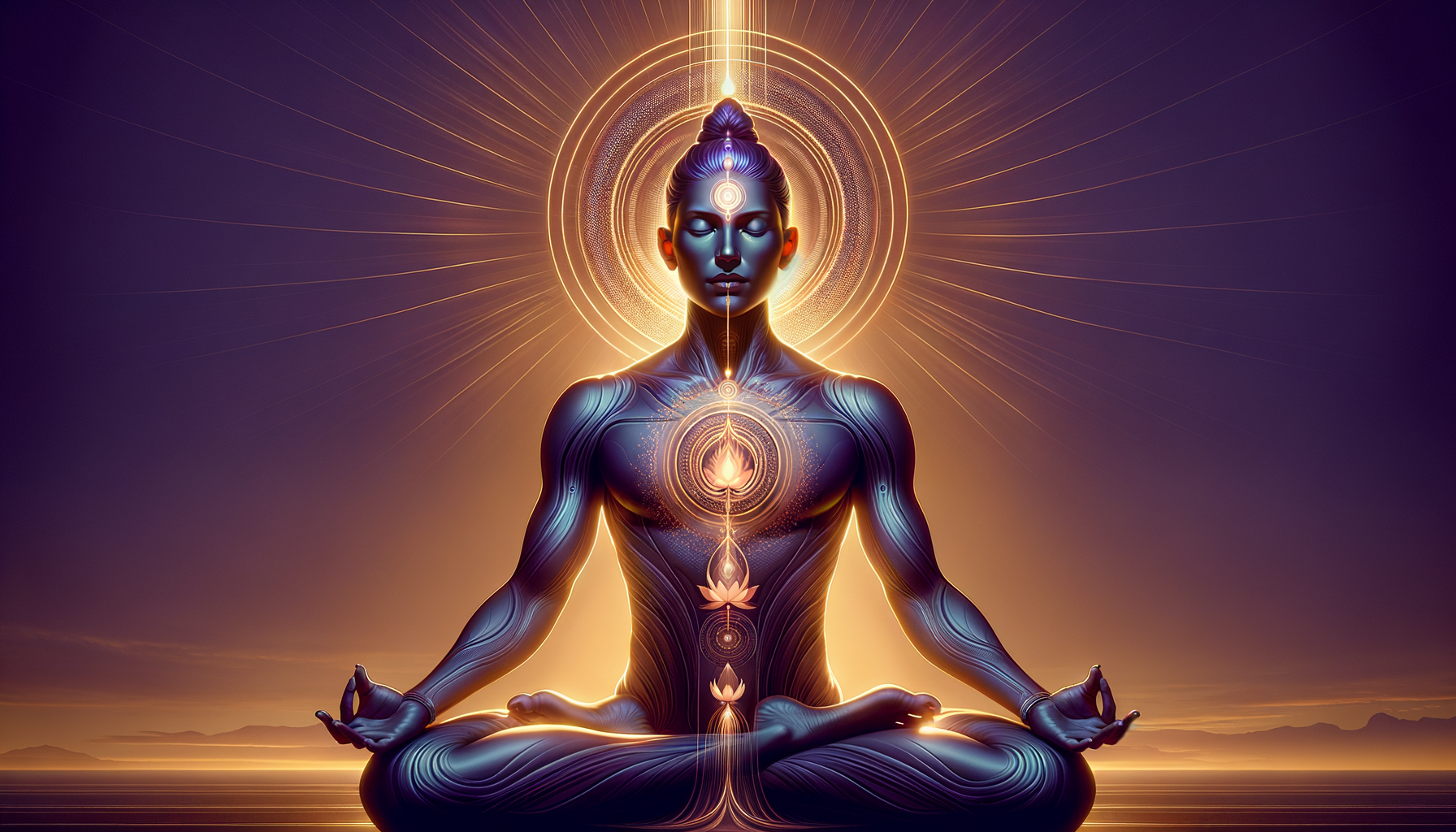 Illustrated figure meditating in lotus pose, glowing chakras aligned from root to crown, radiant halo encircling the head, with a calm ocean horizon—evoking mindfulness, yoga, and spiritual energy.