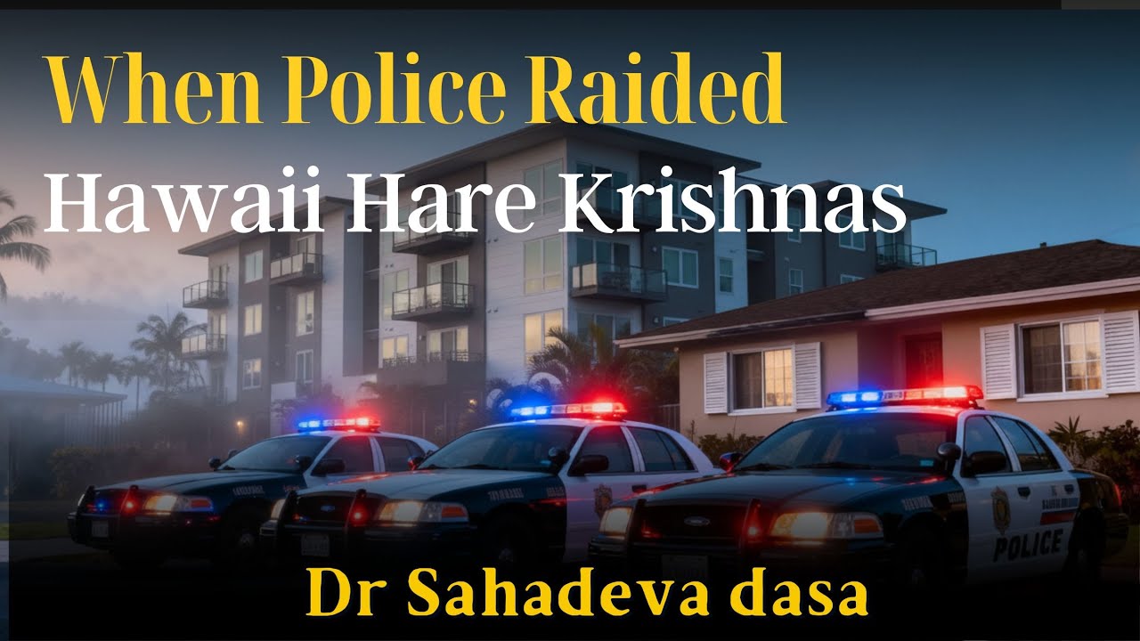 At dusk, three police cruisers with flashing red and blue lights stand outside a house and apartment building; overlay text says 'When Police Raided Hawaii Hare Krishnas' by Dr Sahadeva dasa; testing.