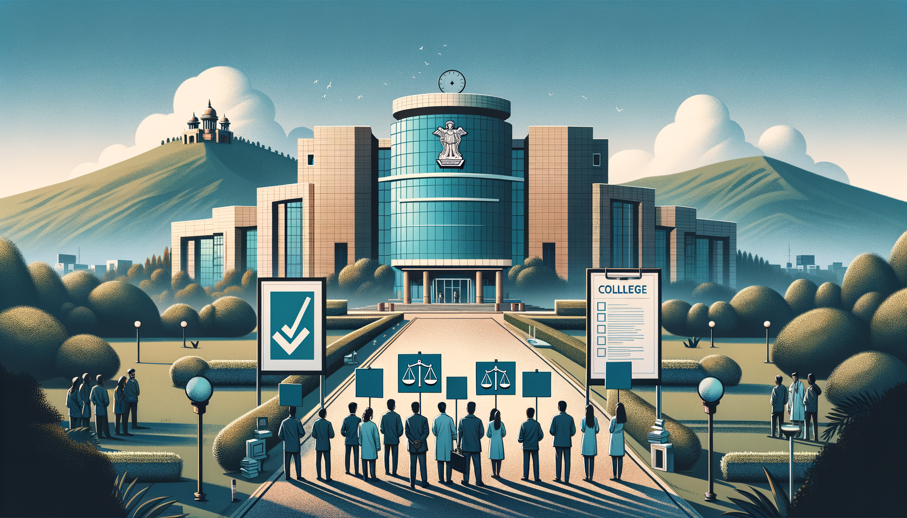 Wide illustration of a civic building with a government emblem, mountains behind, and students holding justice-scale placards and a checklist board, signaling a ruling on college admissions policy.