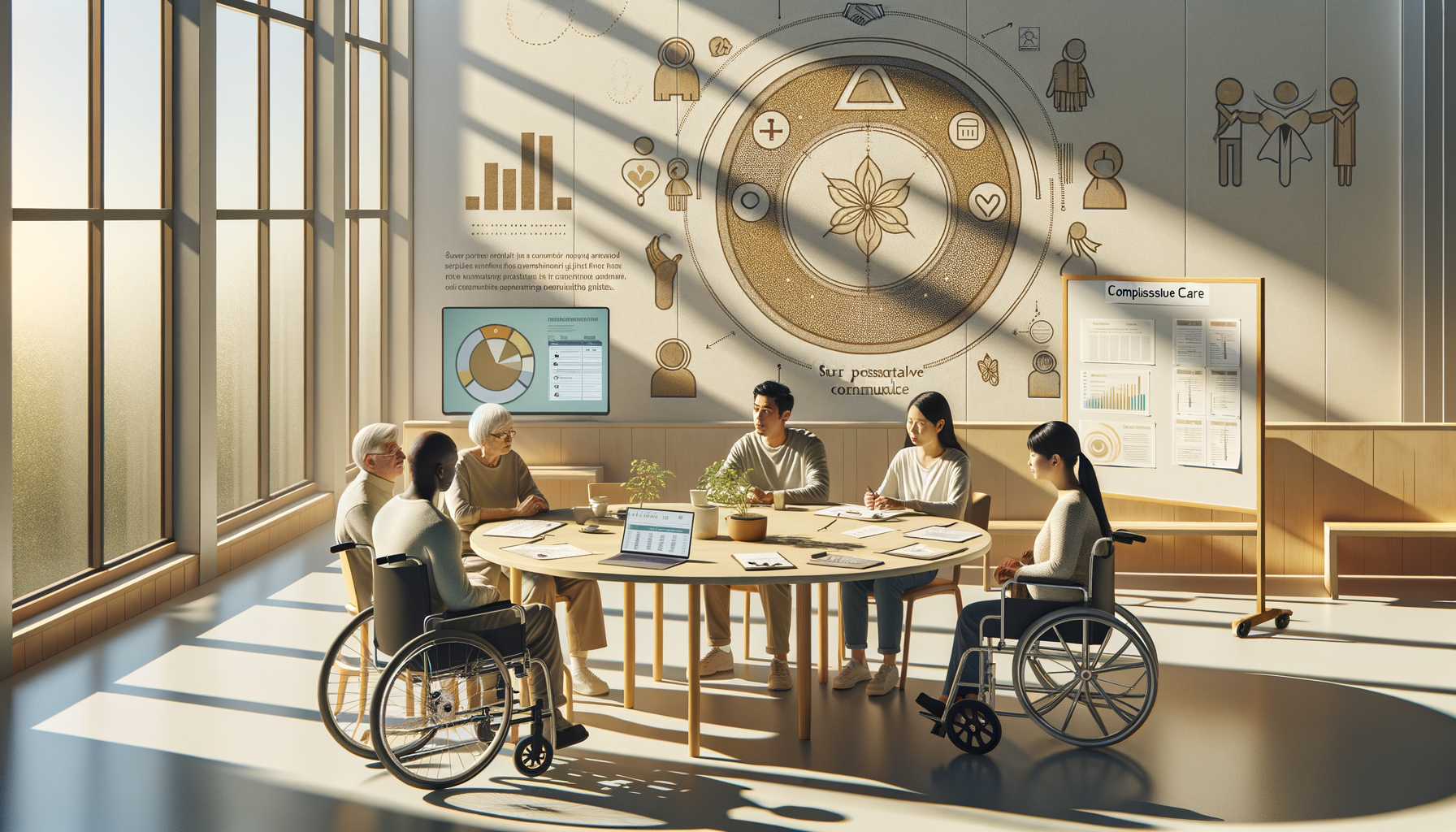 Sunlit community health meeting around a round table, with participants—two using wheelchairs—reviewing laptops, notes, and wall charts about patient-centered care, accessibility, and outcomes.
