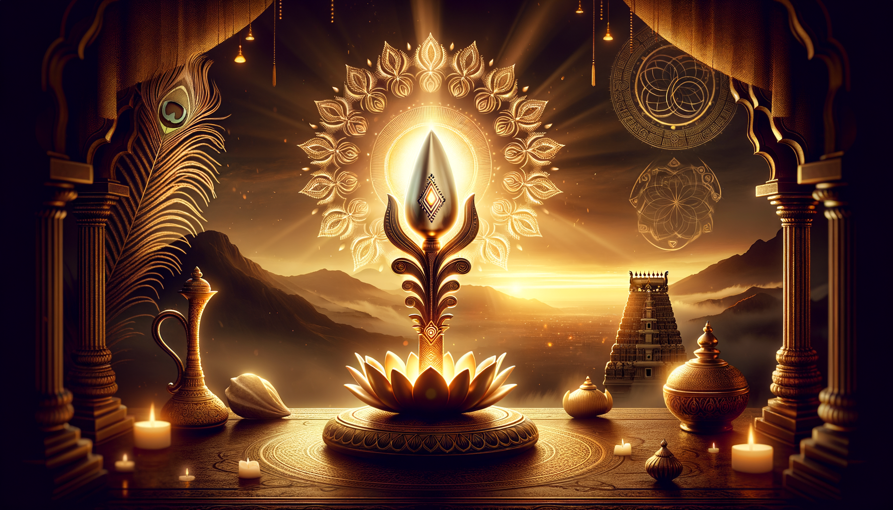Golden diya on a lotus pedestal shines before a radiant mandala, framed by temple arches, brass vessels, candles, and a distant gopuram at sunset—serene Hindu temple puja scene.