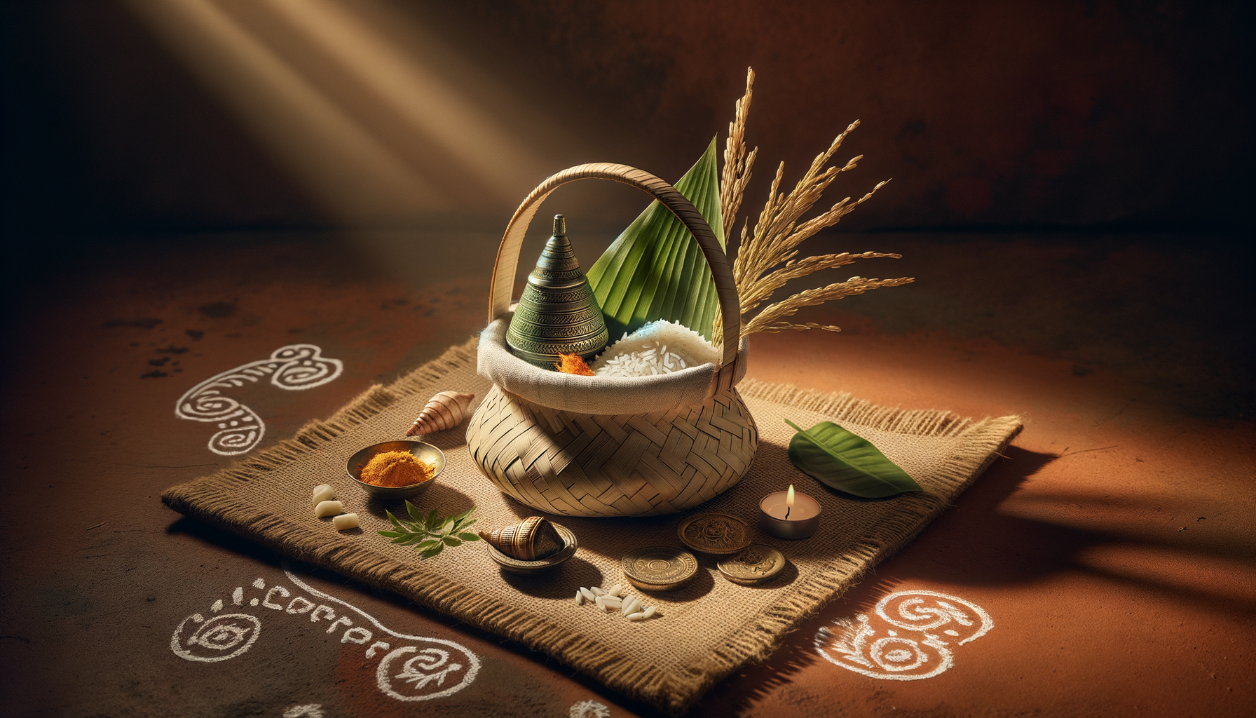 A harvest-themed still life: woven basket filled with rice, turmeric and a conical metal vessel, with palm leaves and paddy, diya, shells and coins on a jute mat, bordered by white rangoli motifs.
