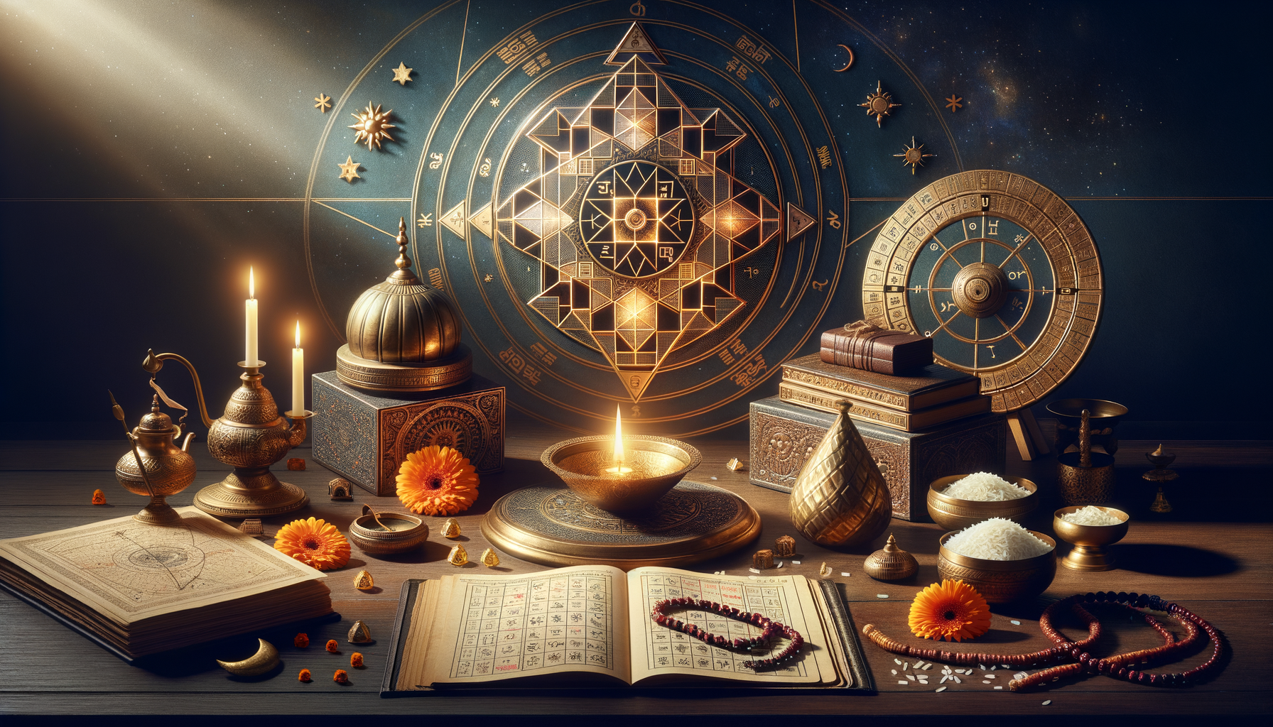 Warm-lit still life of Vedic astrology tools: brass yantra, zodiac wheel, candles, marigold flowers, rice bowls, prayer beads, and open Sanskrit manuscripts on a wooden altar for {post.categories}.